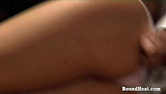 Handcuffed blonde slave whipped hard by mistress on bed 😈🔗