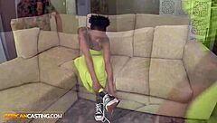 Submissive ebony babe's big tits pussy stretched on couch