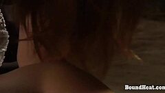 Handcuffed blonde slave whipped hard by mistress on bed 😈🔗