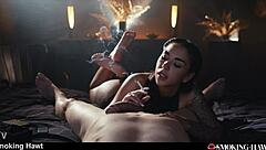 Slutty brunette latina smokes while cowgirl riding to handjob cumshot