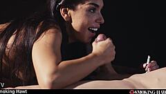 Slutty brunette latina smokes while cowgirl riding to handjob cumshot