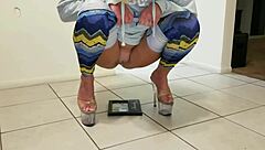 her shaved housewife pussy pees anywhere in heels