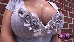 Cameryn Flashes Big Tits and Toys Shaved Pussy in Outdoor Public Show