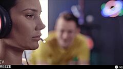 gamer babe frozen mid-match takes tight pussy creampie and mouth cum