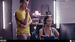gamer babe frozen mid-match takes tight pussy creampie and mouth cum