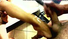 Mistress kicks balls then forces cum on feet in bondage