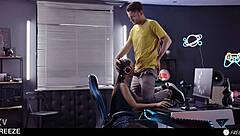 gamer babe frozen mid-match takes tight pussy creampie and mouth cum