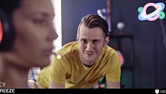 gamer babe frozen mid-match takes tight pussy creampie and mouth cum