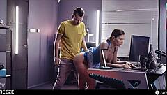 gamer babe frozen mid-match takes tight pussy creampie and mouth cum