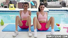 Petite skinny brunettes seduce in steamy yoga threesome