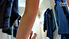 horny babe fingers wet pussy in public changing room