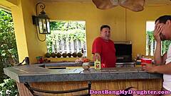 petite teen 18+ie anally rides senior's cock outdoors next door