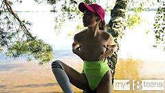 Adorable skinny teen fingers shaved tight pussy outdoors solo orgasm
