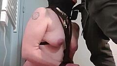 bound babe sucks cock on command then swallows hot piss and cum load