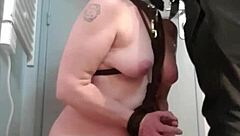 bound babe sucks cock on command then swallows hot piss and cum load