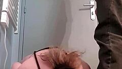 bound babe sucks cock on command then swallows hot piss and cum load