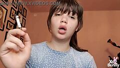 big lipgloss lips smoking close up tease