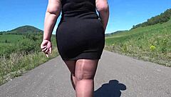 Hey, watch this mature bbw strut in pantyhose heels on public road?