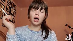 big lipgloss lips smoking close up tease