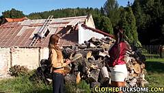 Glamorous hos in heels take outdoor threeway facial spray