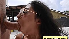 Naughty Petite Brunette Sona Bella Swallows JMAC's Monster Cock Poolside