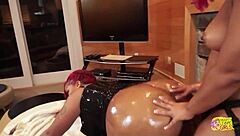 Oiled Ebony Monroe Sweets' Fat Cunny Destroyed By Pinky's Strapon Doggystyle
