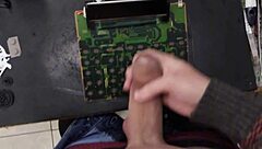 moaning skinny girl cums hard on machine at work pov