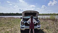 petite brunette student in skirt pays with moans for car assistance