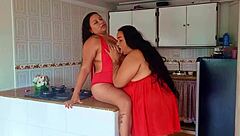 Kitchen threesome mature babes lick pussies then fuck wildly