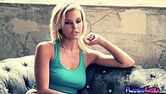 mischievous blonde hunter mccloud strips sexy satin lingerie teasing shaved pussy