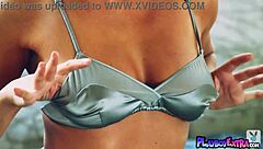 mischievous blonde hunter mccloud strips sexy satin lingerie teasing shaved pussy