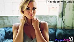 mischievous blonde hunter mccloud strips sexy satin lingerie teasing shaved pussy