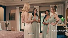 Blonde Bride and Brunette Maid Rip Clothes for Cunt Licking, Scissoring Orgasms, and Squirting Striptease