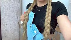 Cute blonde rubs pink clit squirting wildly in outdoor garden