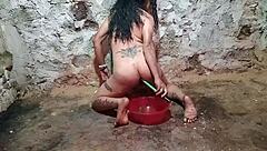 Crossdressing Shemale's Naughty Pickle Anal Tease