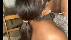 Thick ebony with huge natural tits leashed, fucked hard in fishnets