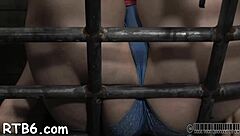 petite 18+ strips nude inside femdom bdsm steel cage before sucking hardcore cock domination