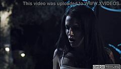 her undead friends rise from graves chasing her through fantasy outdoor scene