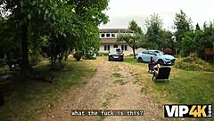 A cute european brunette babe with pierced nipples seduces hunk for intense outdoor fucking amid forest nature