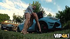 A cute european brunette babe with pierced nipples seduces hunk for intense outdoor fucking amid forest nature