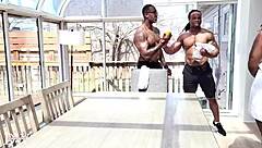 two ripped studs rip clothes and blast ebony face with cum