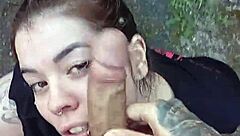 Blonde gives outdoor blowjob then gets bareback fucked in garden