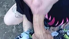 Blonde gives outdoor blowjob then gets bareback fucked in garden