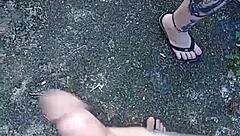 Blonde gives outdoor blowjob then gets bareback fucked in garden