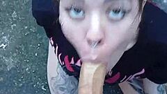 Blonde gives outdoor blowjob then gets bareback fucked in garden