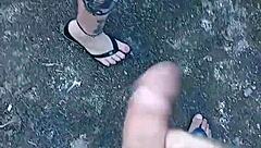 Blonde gives outdoor blowjob then gets bareback fucked in garden