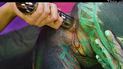 Hot Latex Lesbians Gape Asses with Huge Metal Toy in Heels