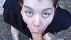 Blonde gives outdoor blowjob then gets bareback fucked in garden