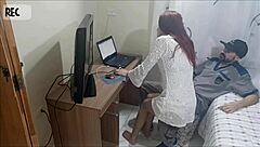 Redhead teen gets voyeur cum on ass from horny repairman