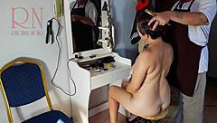 Nude barbershop camera catches hairdresser stripping curvy client